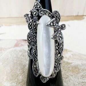 Statement Ring Mother of‎ Pearl Marcasite Cocktail Ring Vintage Style Sz 5